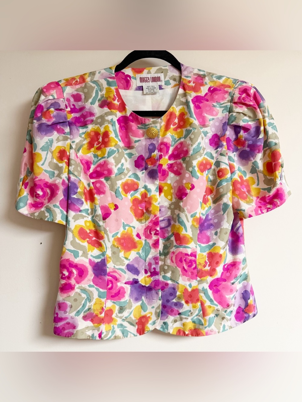 Vintage Maggie London 100% Silk Multicolor Floral Blouse Size 10
